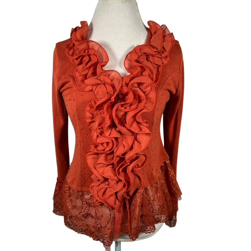 Pretty Angel Orange Button Cardigan Chiffon Ruffle Lace Beaded Cottage Size M - Picture 2 of 14